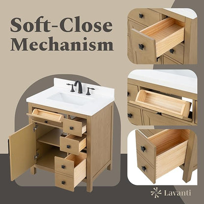 Lavanti Oakford 30 Inch Bathroom Vanity with Sink – Stylish Firwood Oak Vanity Bathroom with Storage Cabinet – Modern Bathroom Vanities with Single Vanity Sink & Quartz Countertop