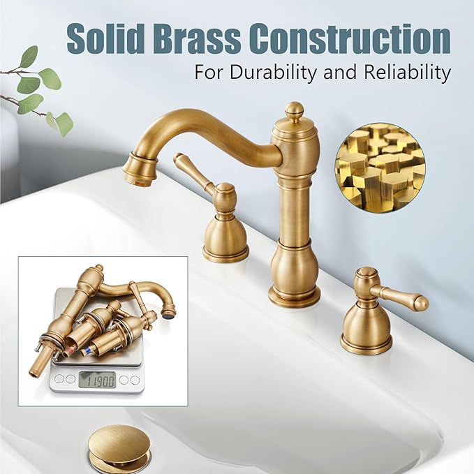 Aolemi 8 Inch Widespread Bathroom Sink Faucet 3 Hole Deck Mount Vanity Basin Mixer Tap with Pop Up Drain Assembly Antique Brass Double Lever Handle
