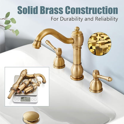 Aolemi 8 Inch Widespread Bathroom Sink Faucet 3 Hole Deck Mount Vanity Basin Mixer Tap with Pop Up Drain Assembly Antique Brass Double Lever Handle