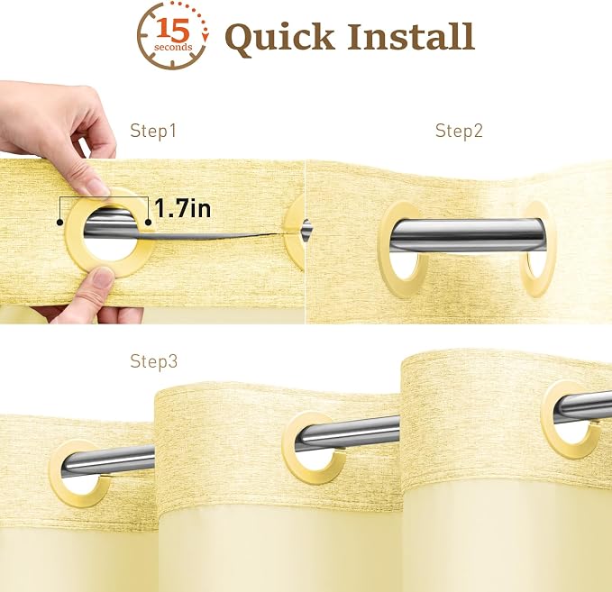 Yellow Ringless Linen Textured Shower Curtain with Snap in Liner 72x75 | 3 in 1 Modern Shower Curtain Set, Removable Liner, Waterproof & Washable, Mesh Top Window, Durable Fabric, Easy to Install