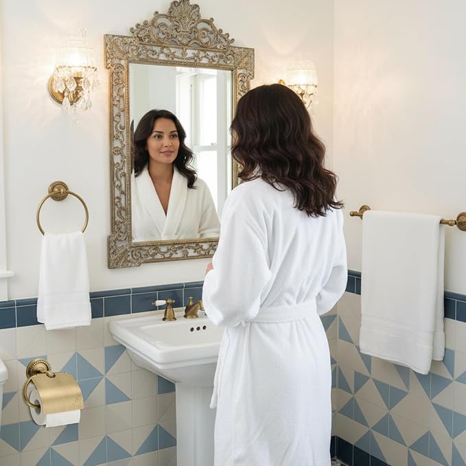 4 Pcs Antique Brass Gold Bathroom Accessories Set Wall-mounted Adjustable Towel Rack & Round Towel Ring & Covered Toilet Paper Holder & Robe Hook Wall Mounted Brass Vintage Bath Hardware Set