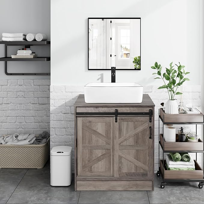 30" Barn Door Bathroom Vanity, Farmhouse Style Standing Pedestal Cabinet Without Sink