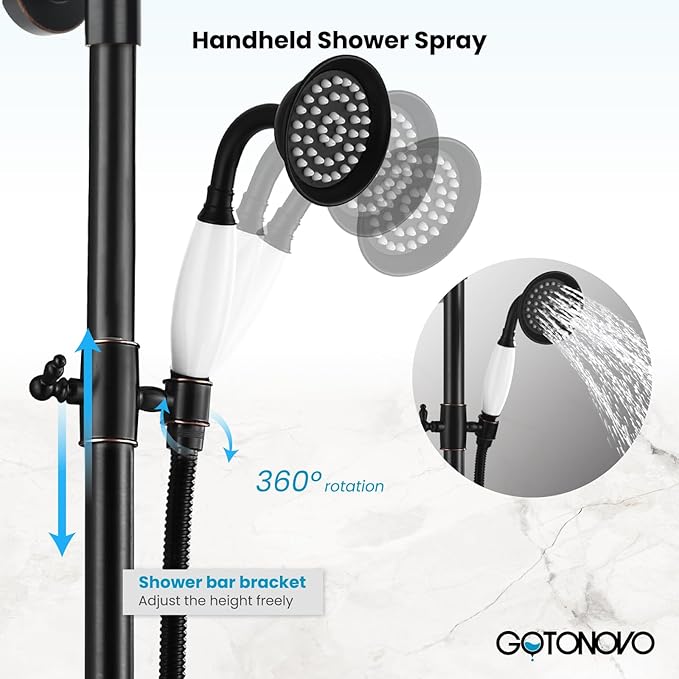gotonovo Oil Rubbed Bronze Shower Faucet 8 Inch Rainfall Shower Head Set Double Cross Handle Handheld Spray Bathroom Shower System Wall Mount