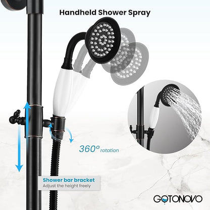 gotonovo Oil Rubbed Bronze Shower Faucet 8 Inch Rainfall Shower Head Set Double Cross Handle Handheld Spray Bathroom Shower System Wall Mount