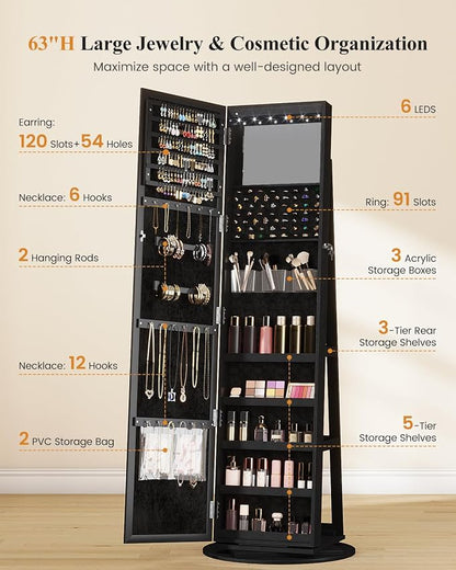 LVSOMT LED Jewelry Cabinet Standing, 360° Swivel Jewelry Armoire, Black | Full Length Mirror with Storage, 3 Rear Shelves, Internal Mirror, 3 Color Lights, Lockable for Bedroom, Women Girls Gift