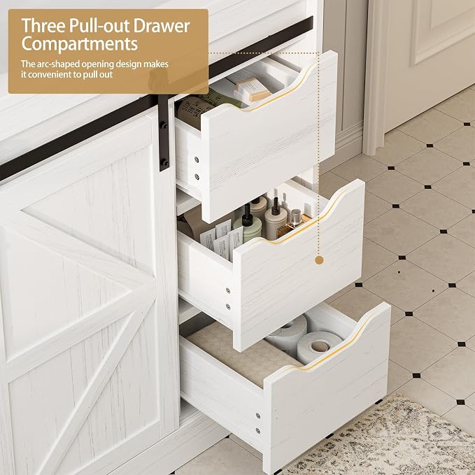 SUNTAGE Bathroom Vanity with Sink, Freestanding Farmhouse Bathroom Storage Cabinet with 3 Drawers & Sliding Door, White Resin Basin Vanity Combo Set (Distressed White, 30")