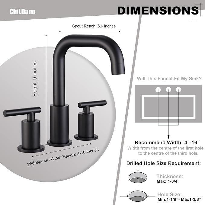 ChiLDano Black Sink Faucet Bathroom 3 Hole, 8 inch Black Faucet with Drain | 2 Handles 3 Hole Black Faucet for Bahtoom Sink, Bathroom Faucet Widespread for Vanity
