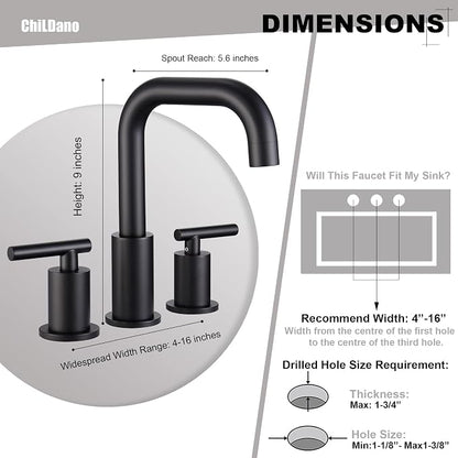 ChiLDano Black Sink Faucet Bathroom 3 Hole, 8 inch Black Faucet with Drain | 2 Handles 3 Hole Black Faucet for Bahtoom Sink, Bathroom Faucet Widespread for Vanity