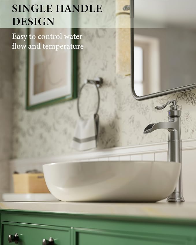Homevacious Vessel Sink Faucet Tall Bathroom Faucets Waterfall Brushed Nickel Brass Single Handle 1 Hole with Pop Up Drain and Supply Line Farmhouse Lavatory Vanity