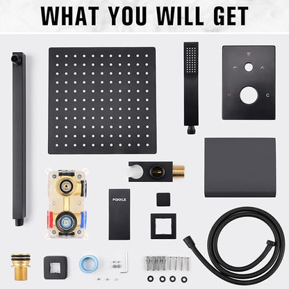 12 Inch Rainfall Shower System with Tub Spout Wall Mounted Complete Combo with Solid Brass Pressure Balancing Valve, High Pressure Shower Head, Handle Set & Installation Accessories Matte Black