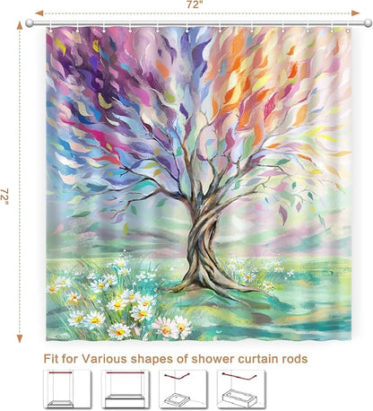 Oil Painting Tree Shower Curtain, Colored Seasons Tree Shower Curtain for Bathroom with 12 Hooks Polyester Fabric Washable Shower Curtain Set Home Office Farmhouse Decor Bath Curtain | 72x72 inch Shower Curtains for Bathroom Polyester Fabric Waterproof...