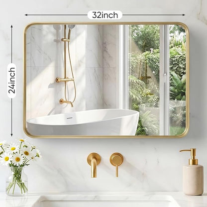 Sweetcrispy Bathroom Mirror 32x24 Inch, Vanity Mirror for Wall | Metal Framed Rounded Rectangle, Over Sink, Farmhouse, Restroom, Anti-Rust, Horizontal or Vertical Hanging, Gold