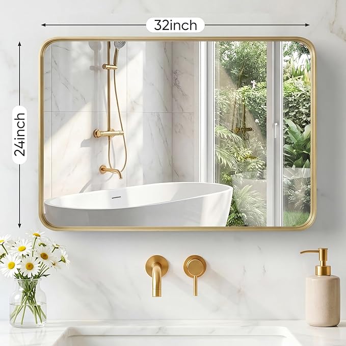 OLIXIS Bathroom Mirror for Over Sink, 24x32 Inch Wall Mount Mirror, Gold | Rounded Rectangle Mirror with Matte Metal Framed, Modern Wall Vanity Mirror for Home Decor, Living Room