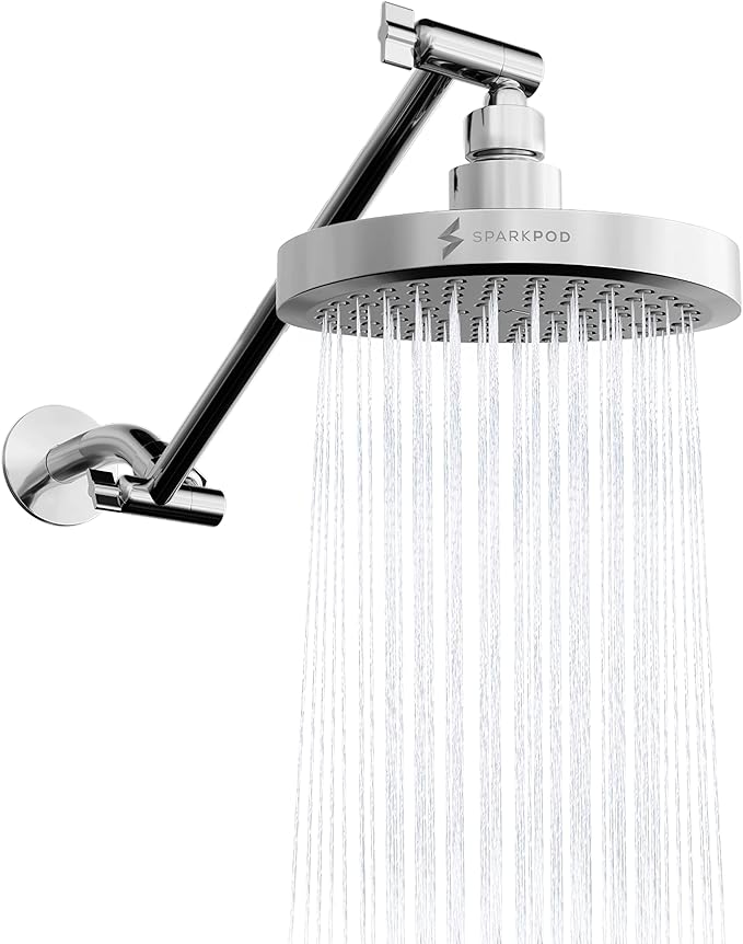 SparkPod 6" Round Rain Shower Head with 11" Shower Arm | Shower Head & Extension Arm Combo, Height Adjustable, High Pressure Performance, Easy 1-Minute Installation, Polished Chrome