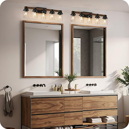 5-Light Bathroom Light Fixtures, Farmhouse Vanity Lights for Bathroom with Glass Square Shade, Rustic Vanity Lights, Sconce Wall Light, E26 Base (Bulbs Not Included), ETL Listed FS10BD05