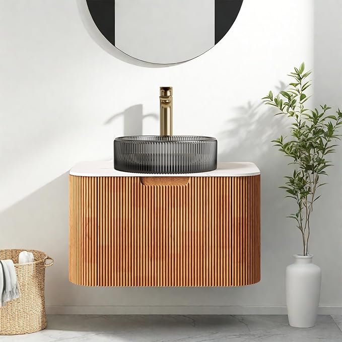 24" Floating Bathroom Vanity with Sink, Modern Bathroom Cabinet with Transparent Black Glass Basin and Ultra-Thin Marble Top, Extra Large Storage Drawer, Soft-Close Design, Nature Wood