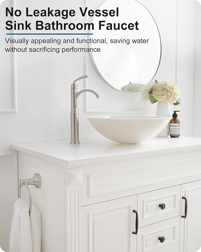 Bathroom Vessel Sink Faucet Brushed Nickel, Brass Tall Waterfall Bathroom Faucet 1 Hole Bathroom Sink Faucet Single Handle Bathroom Faucets with Water Lines Pop-Up Drain