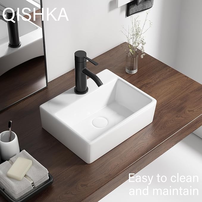 Wall Mounted Bathroom Vessel Sink, QISHKA 15" X 12" Rectangular Floating Ceramic Wash Hand Basin White Wall Hung Vanity Sink for Bathroom and Cloakroom