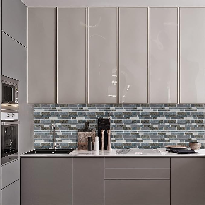 STICKGOO 10-Sheet Peel and Stick Backsplash for Kitchen, Decorative Self Adhesive Backsplash Tiles(Light Blue & Brown Granite, Thicker Design)