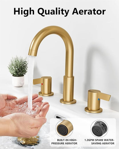 Bathroom Sink Faucet 3 Hole 8 Inch Widespread 2-Handle Vanity Faucet SUS304 Stainless Steel with Pop-Up Drain and Supply Lines Brushed Gold