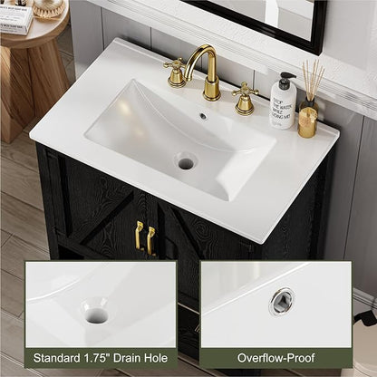30" Bathroom Vanity with Sink, Modern Bathroom Cabinet with LED Light, Bathroom Vanity Set, Double Soft Closing Cabinet Door with Organizer, Black
