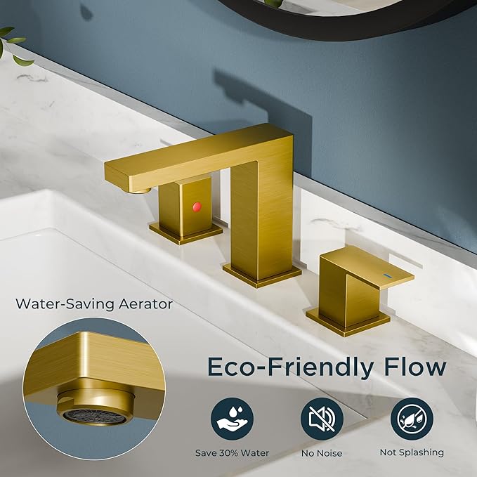 FORIOUS Brushed Gold Bathroom Faucet 3 Hole, 8 Inch Widespread Square Bathroom Sink Faucet with Metal Pop-Up Drain and cUPC Supply Lines Included for Restroom, Lavatory, Basin, Restroom and Mall