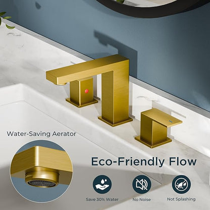 FORIOUS Brushed Gold Bathroom Faucet 3 Hole, 8 Inch Widespread Square Bathroom Sink Faucet with Metal Pop-Up Drain and cUPC Supply Lines Included for Restroom, Lavatory, Basin, Restroom and Mall