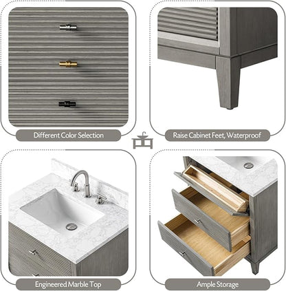 Vanity Art 30" Bathroom Vanity with Single Sink & Arabescato White Engineered Stone Top, Vanity Cabinet with Soft Closing Door, Solid Wood Frame, Golden Brushed Handles, Driftwood Gray VA8130-DG-GB