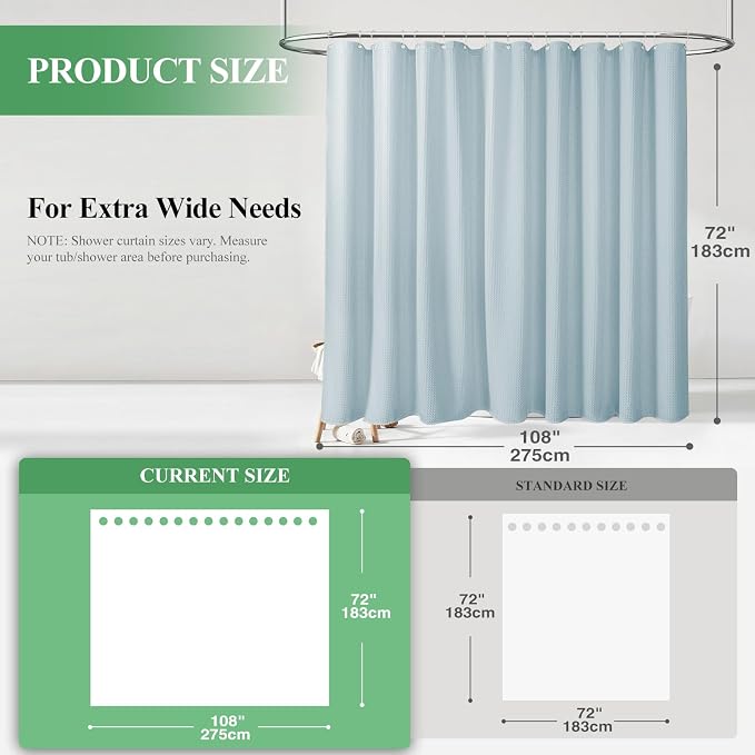 Extra Wide Waffle Shower Curtain 256 GSM Fabric 108x72 Fog Blue | 108 Inch Wide, Thick Cloth, Weighted Hem, Water Repellent, Hotel Luxury Polyester Shower Curtain Set for Bathroom 18 Hooks