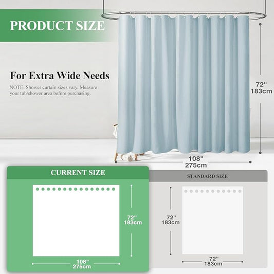 Extra Wide Waffle Shower Curtain 256 GSM Fabric 108x72 Fog Blue | 108 Inch Wide, Thick Cloth, Weighted Hem, Water Repellent, Hotel Luxury Polyester Shower Curtain Set for Bathroom 18 Hooks