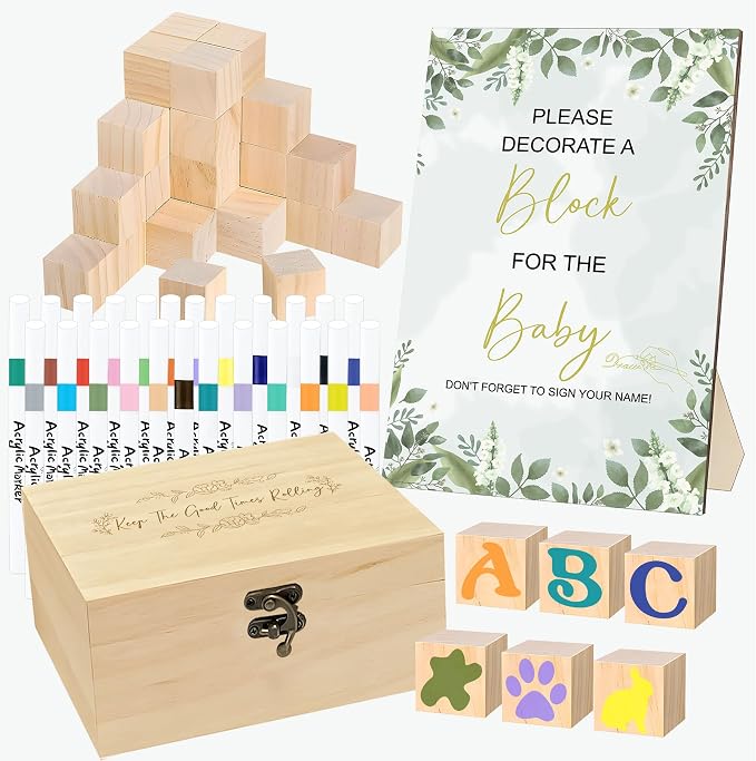 EIGTWEN 78 PCS Fun Baby Shower Games Sign Kit, Baby Blocks for Baby Shower | Blank Wooden Blocks, Games for Guest, Funniest Games Ever, Suitable for Boy and Girls, Fun Activities and Ideas