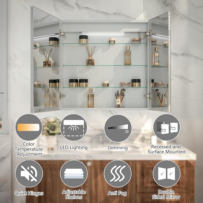 LED Bathroom Medicine Cabinet with Mirror, 30"x30" Anti-Fog Smart Mirror Cabinet, UPVC Waterproof Vanity Cabinet Recessed/Surface, Adjustable Shelves, 3-Color Dimmable, Motion Sensor, DTC Hinges