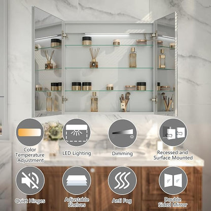 LED Bathroom Medicine Cabinet with Mirror, 30"x30" Anti-Fog Smart Mirror Cabinet, UPVC Waterproof Vanity Cabinet Recessed/Surface, Adjustable Shelves, 3-Color Dimmable, Motion Sensor, DTC Hinges