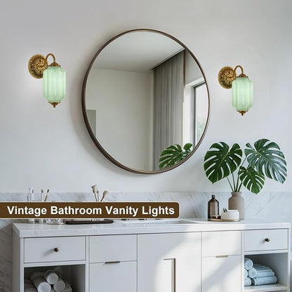Green Glass Sconce Set of 2 Vintage Vanity Sconces Bulb Included | Green Glass Art Deco Antique Wall Sconce Wall Light for Bedroom Bathroom Living Room Entryway Antique Retro and White 2 Pack