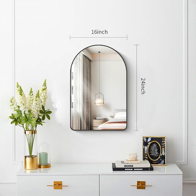 FORBATH Arched Bathroom Mirror 16x24 Inch, Black Bathroom Mirror Wall Mounted Modern Aluminum Alloy Frame Arch Mirror for Bedroom Living Room Entryway, Hanging or Leaning Against Wall
