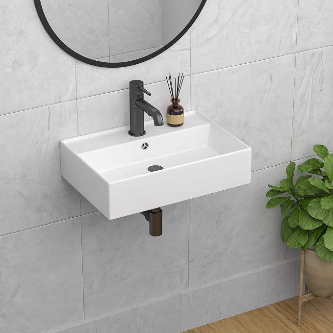 24x16 InchFloating Bathroom Sink Wall Mount Vessel Sink | Floating Wall Hung Sinks Rectangular Modern Vessel Sinks White Porcelain Lavatory Sink for Hotel & Residential Bathroom