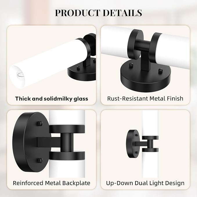 Wall Sconces Set of 2 Hardwired Bathroom Light Fixtures E26 Base | Matte Black, 22Inch, Modern Vanity Wall Lighting with Milky White Glass Shade, for Mirror Hallway Bedroom Living Room TV Wall
