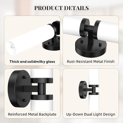 Wall Sconces Set of 2 Hardwired Bathroom Light Fixtures E26 Base | Matte Black, 22Inch, Modern Vanity Wall Lighting with Milky White Glass Shade, for Mirror Hallway Bedroom Living Room TV Wall
