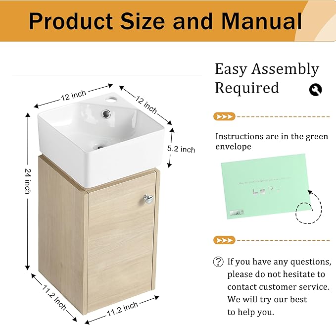 Malwee 12" Floating Bathroom Vanity with Sink, 12 Inch Wall Mounted Corner Bathroom Cabinet Combo, with 1 Soft Close Door and White Ceramic Basin Top for Small Space, Space-Saving Design(045-12)