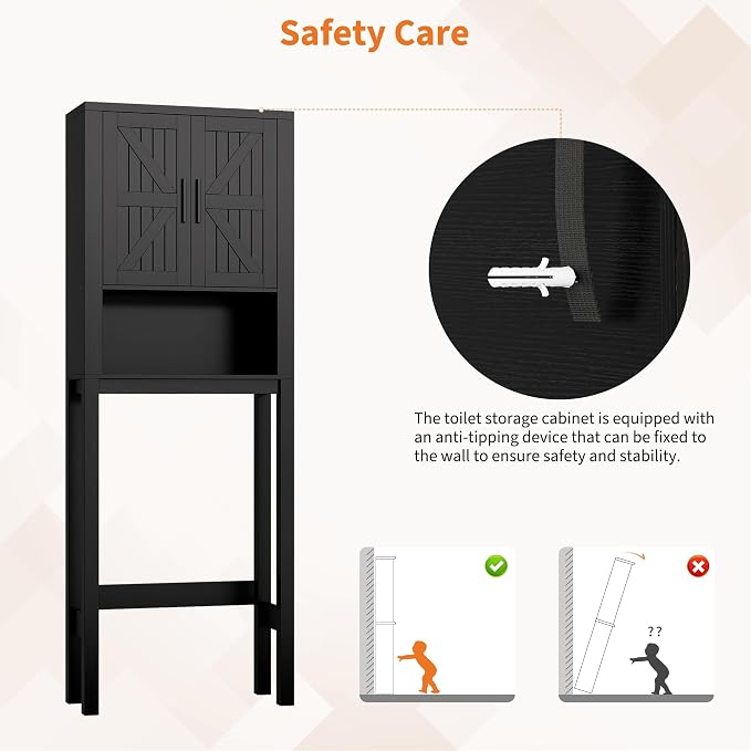 GarveeHome Over the Toilet Cabinet, Double Door Bathroom Storage Organizer, Toilet Rack with Open Storage Shelf, FreeStanding Toilet Shelf Space Saver, for Bathroom, Restroom, Laundry