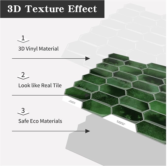10-Sheet Long Hexagon Peel and Stick Kitchen Backsplash Tiles | 3D Waterproof Self-Adhesive Wall Tile Stick on Backsplash for Kitchen, Bathroom, Fireplace,RV(Dark Green,12"×12")