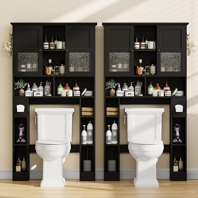 Over The Toilet Storage Cabinet, Bathroom Shelf Over Toilet with Hammered Grain Glass Doors and Adjustable Shelves, Freestanding Home Space Save Toilet Rack for Restroom, Bathroom, Laundry (Black)