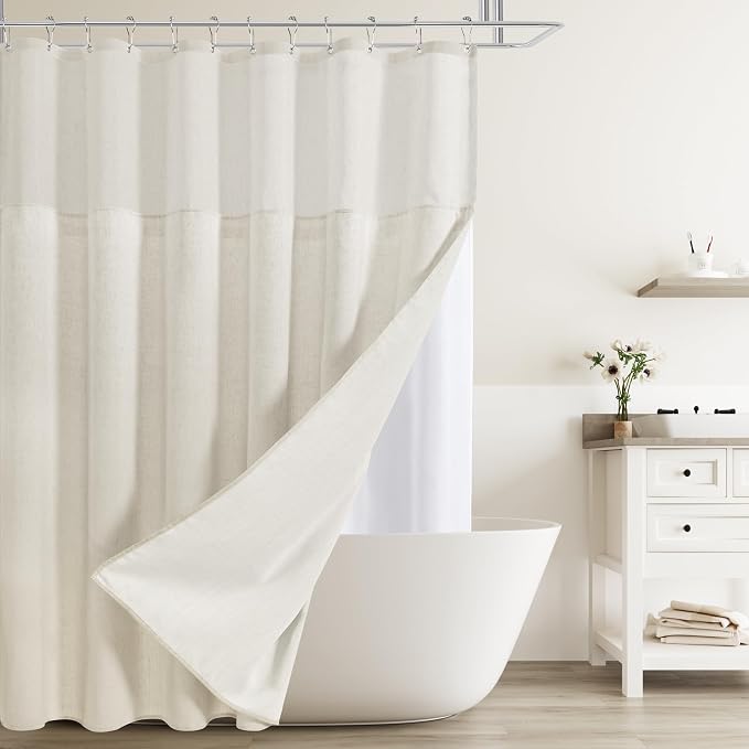 Extra Long Linen Shower Curtain 84 Inches Beige Double Layer | Natural Ivory Cream, Curtains with Hook, Snap in Liner, Water Repellent, Bath Decor, 1 Panel, 72x84