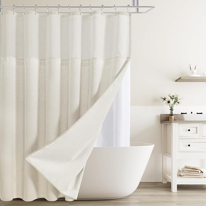 Extra Long Shower Curtains 96 Inch for Bathroom Beige Double Layer | Natural Ivory Cream, Curtains with Hook, Snap in Liner, Water Repellent, Boho Farmhouse, Modern Bath Decor, 1 Panel, 72x96