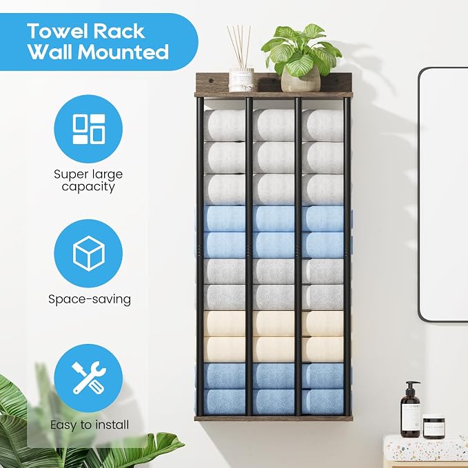 Wall Mounted 4-Bar Towel Rack with Wooden Shelf, Bathroom Storage Holder | Large Bathroom Towel Storage Rack for Rolled Towels, Classic Metal Towel Organizer Shelf with Wooden Storage Shelf
