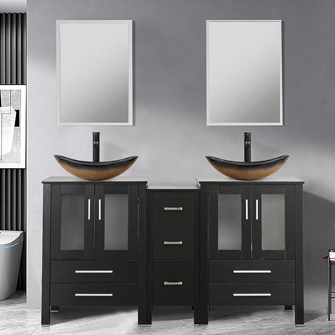 UEV 60" Double Sink Bathroom Vanity,Black Bathroom Vanity with Double Side Vanity Cabinets & Removable 3 Drawer Storage Cabinet with ModernVessel Sink,Mirror Not Included(029CH)
