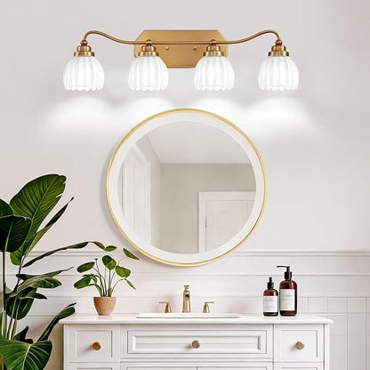 4 Light Gold Vintage Vanity Lights, Antique Brass Finish | Milk White Tulip Crystal Shades,Brushed Gold Bathroom Light Fixtures, Wall Sconce Ideal for Bedroom,Hallway,Easy to Install