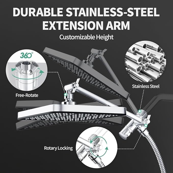 12 Inch Wide Rain Shower Head with Filtered Handheld Combo, High Pressure Rainfall Shower Head, 9 Spray Modes Handheld with 9-Inch Extension Arm, Comes with Filter Removes Chlorine (Chrome)
