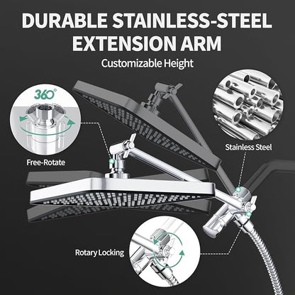 12 Inch Wide Rain Shower Head with Filtered Handheld Combo, High Pressure Rainfall Shower Head, 9 Spray Modes Handheld with 9-Inch Extension Arm, Comes with Filter Removes Chlorine (Chrome)