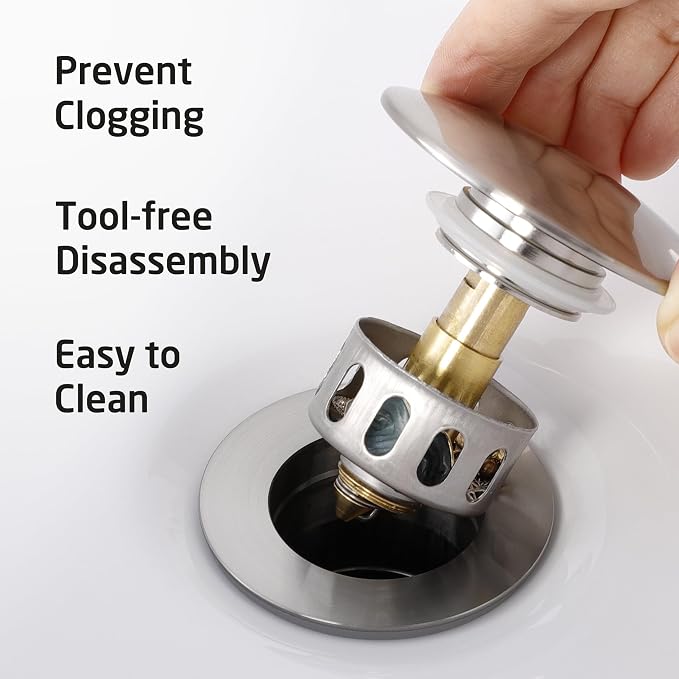 KES Bathroom Sink Drain Stopper with Overflow, Pop Up Drain with Detachable Hair Catcher for Lavatory Vanity Vessel Sink, Brushed Nickel 2 Pack, All Metal Rustproof 304 Stainless Steel, S2013A-BN-P2